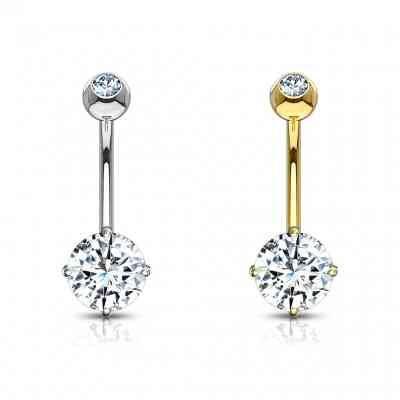 14KT GOLD PRONG SET ROUND CZ NAVEL BAR